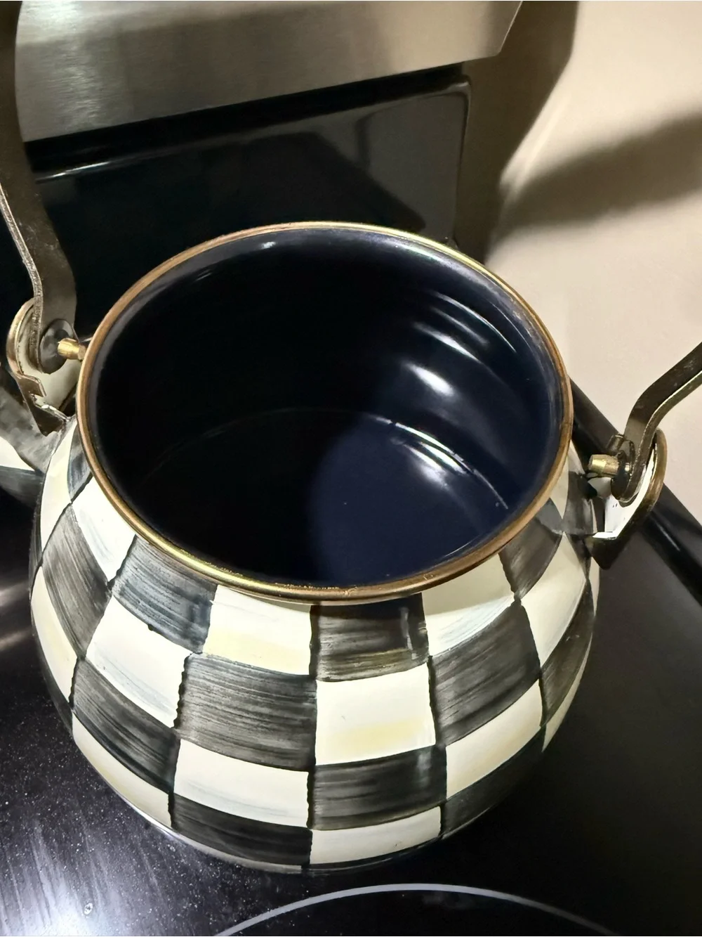Decorative Checkered Teapot Kettle - Black & White with Red Accent